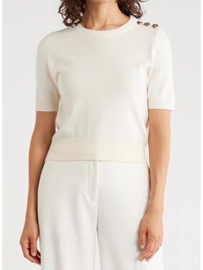 French Connection Ivory Short-Sleeve Knit Top with Shoulder Buttons